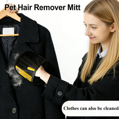 Reusable Fabric Pet Hair Removal Mitt Set with Four Black Mitts and Yellow Hand Straps for Upholstery
