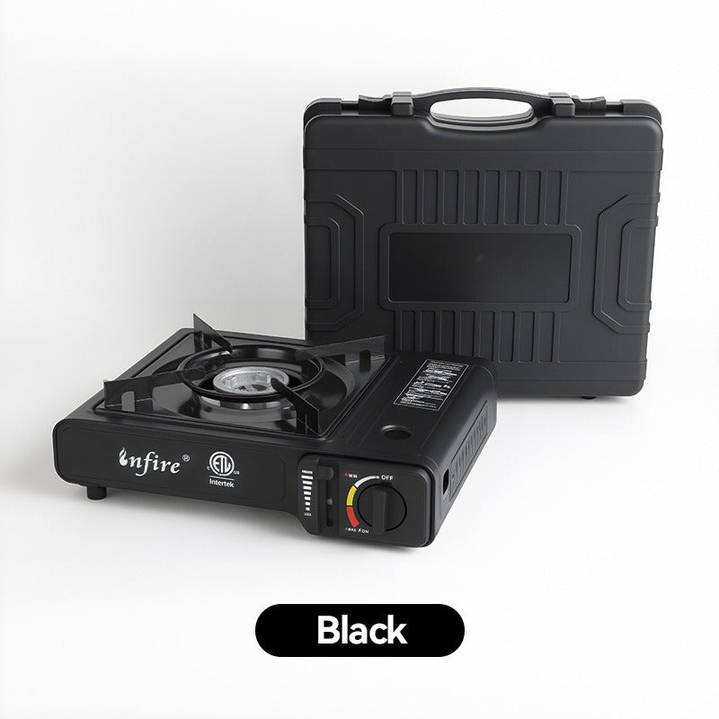 Black Single-Burner Butane Tabletop Camping Stove with Carrying Case, Adjustable Knob and US-Spec Option
