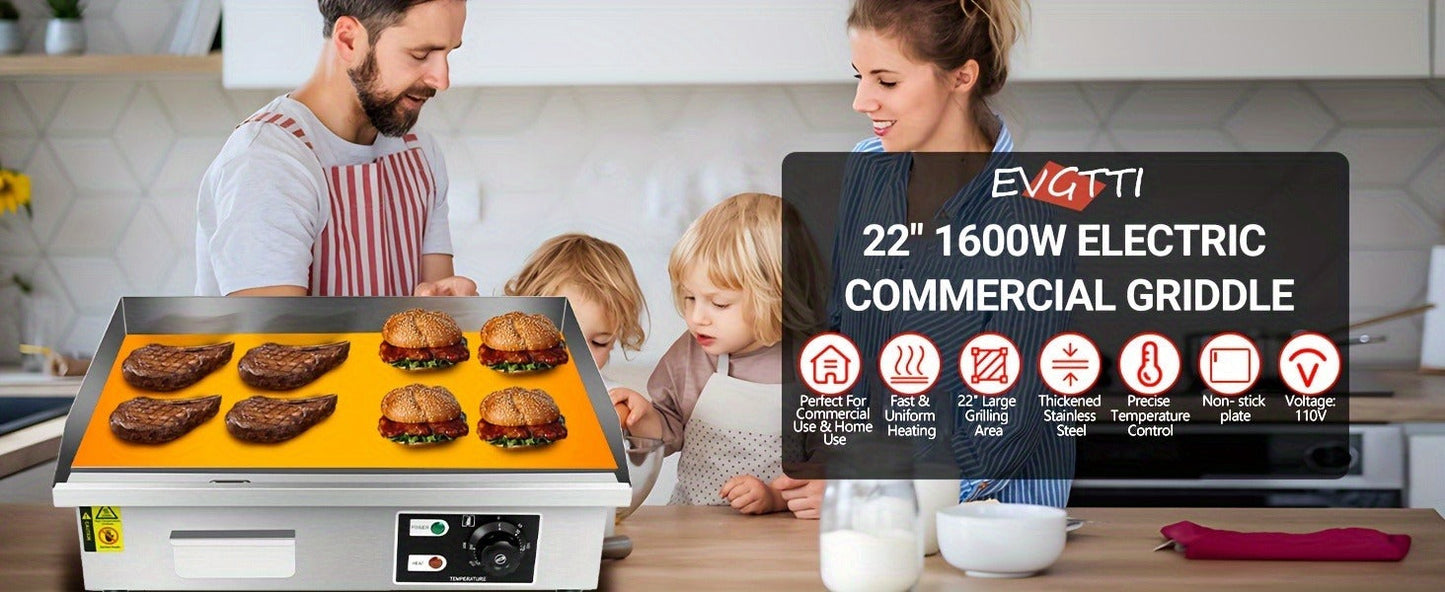 Flat Top Griddle 22 Inch 1600W Electric Countertop Teppanyaki Grill Non-Stick Stainless Steel Commercial Restaurant Griddle Adjustable Temp 50-300°C