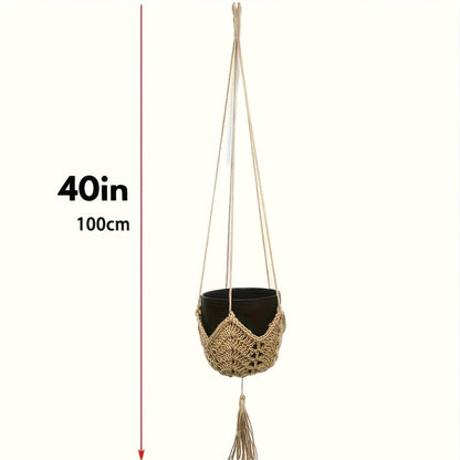 Macrame Plant Hanger with Tassels, Bohemian Cotton Rope Crochet Wall Basket, Indoor Outdoor Hanging Planter with Hooks, Boho Home Decor