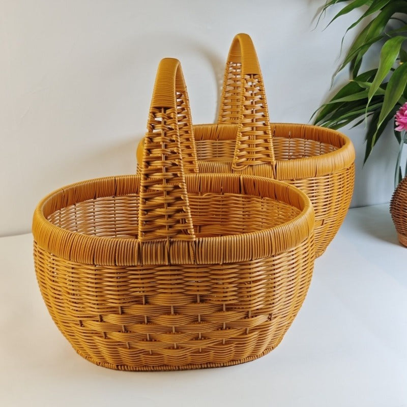 Rattan Basket Woven Shopping Basket with Handle – Extra Large Handcrafted Picnic Basket for Fruits, Eggs, Vegetables, Farmers Market & Shelf Storage, 36×28×20cm