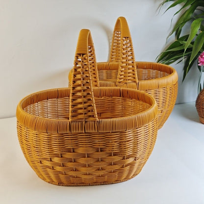 Rattan Basket Woven Shopping Basket with Handle – Extra Large Handcrafted Picnic Basket for Fruits, Eggs, Vegetables, Farmers Market & Shelf Storage, 36×28×20cm