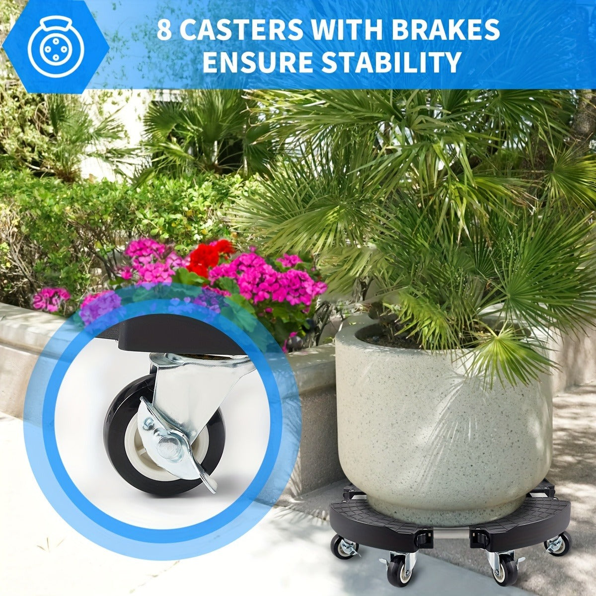 Adjustable Round Black Plant Caddy with Eight Lockable Casters for 8 to 22-Inch Pots and Containers