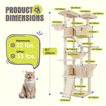 Multi-Level Cat Tree in 36-, 65-, 68- or 81-Inch Heights with Perches, Condo, Hammock and 30 Color, Pattern or Layout Options