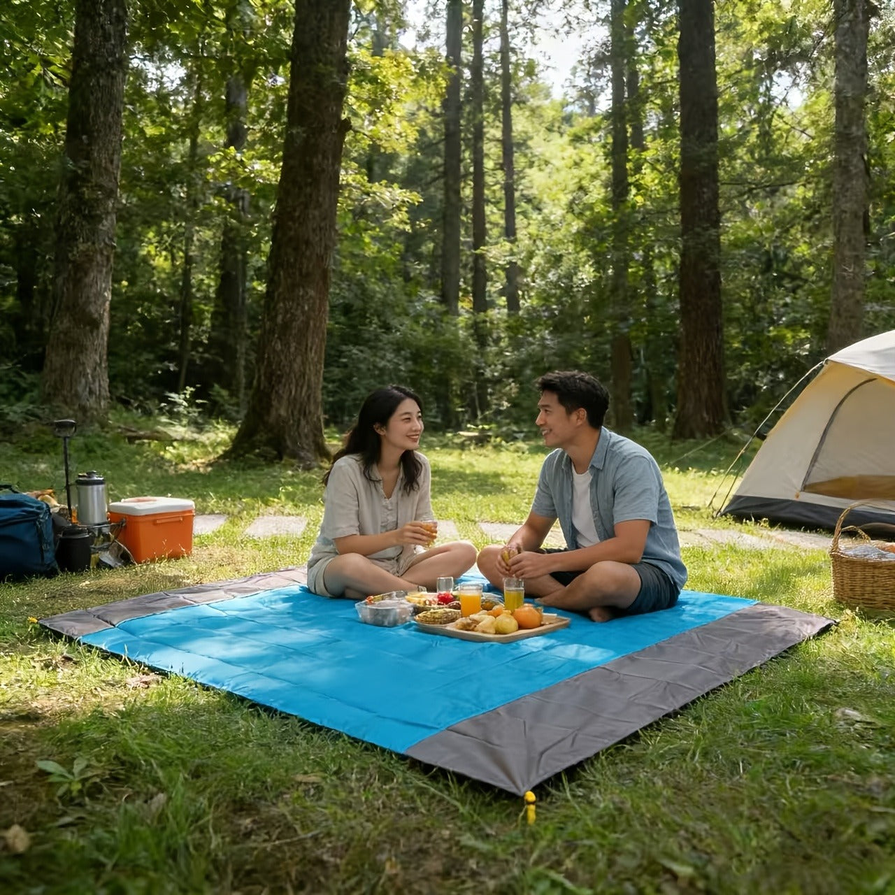 210 x 200cm Picnic Mat with Blue Center Panel, Grey Border, Drawstring Carry Pouch and Ground Stakes