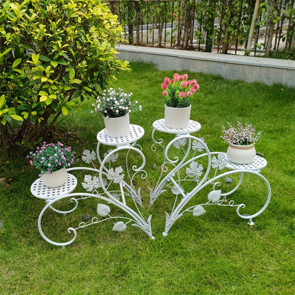 Two-Piece Half-Heart Metal Plant Stand Set with Four-Tier Pot Display for Garden, Patio or Home