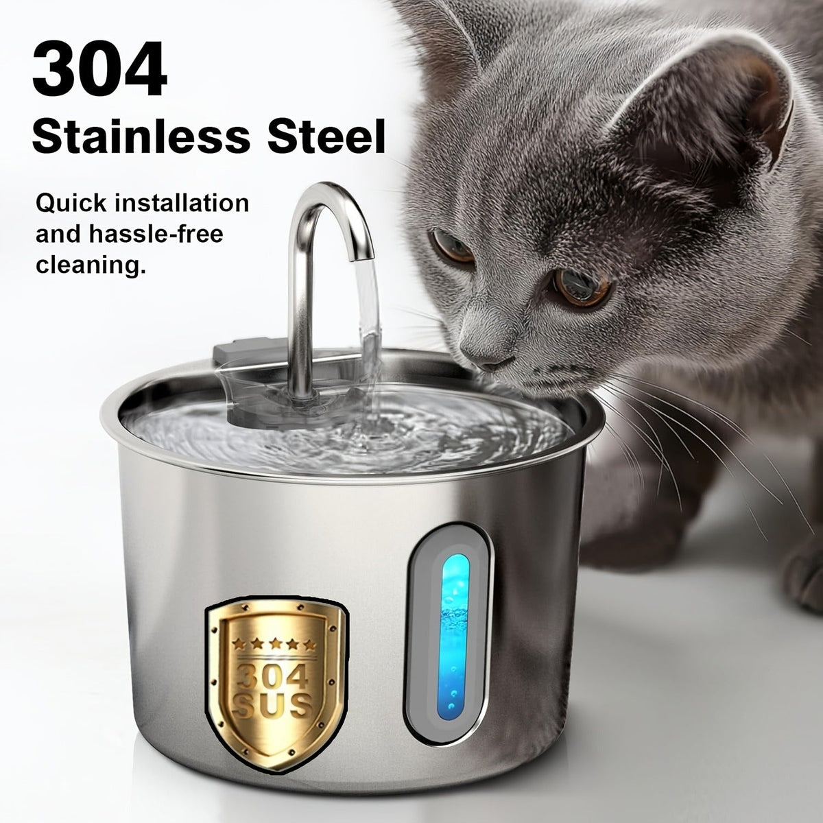 2.2L Pet Water Fountain with Stainless-Steel-Marked Basin, Water Window and 2+2 or 8+8 Filter Bundles