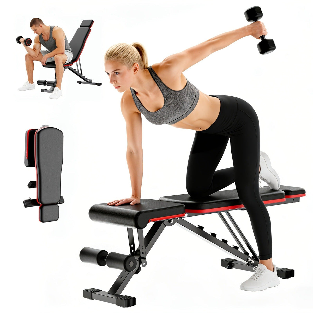 Foldable Adjustable Workout Bench with Black-and-Red Padding, Preacher Curl Pad, Leg Rollers and Resistance Bands