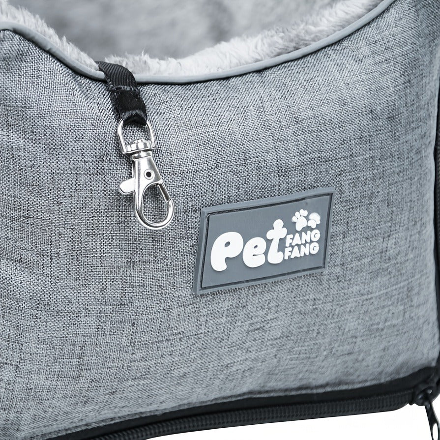 Open-Top Pet Carrier Car Seat Tote with Padded Rim, Attachment Straps, Interior Clip and Grey Fabric Exterior