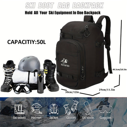 Ski Boot Bag Snowboard Backpack 40-50L Large Capacity Snow Gear Bag for Skiing Helmet Goggles Gloves Snowboard Accessories Winter Sports Equipment Bag Black