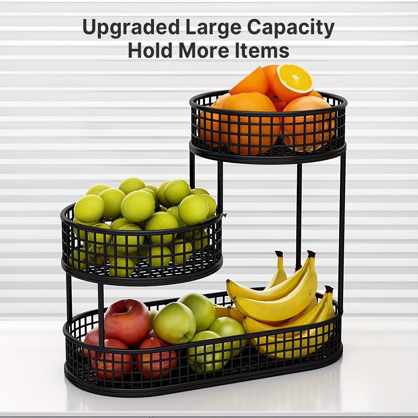Three-Tier Black Wire Fruit Basket with Staggered Round Bowls and Rectangular Countertop Base