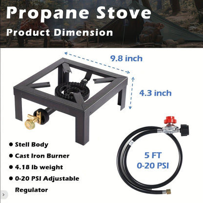Portable Propane Burner Stove in Single or Double Burner Options with Hose and 20 PSI Regulator Shown
