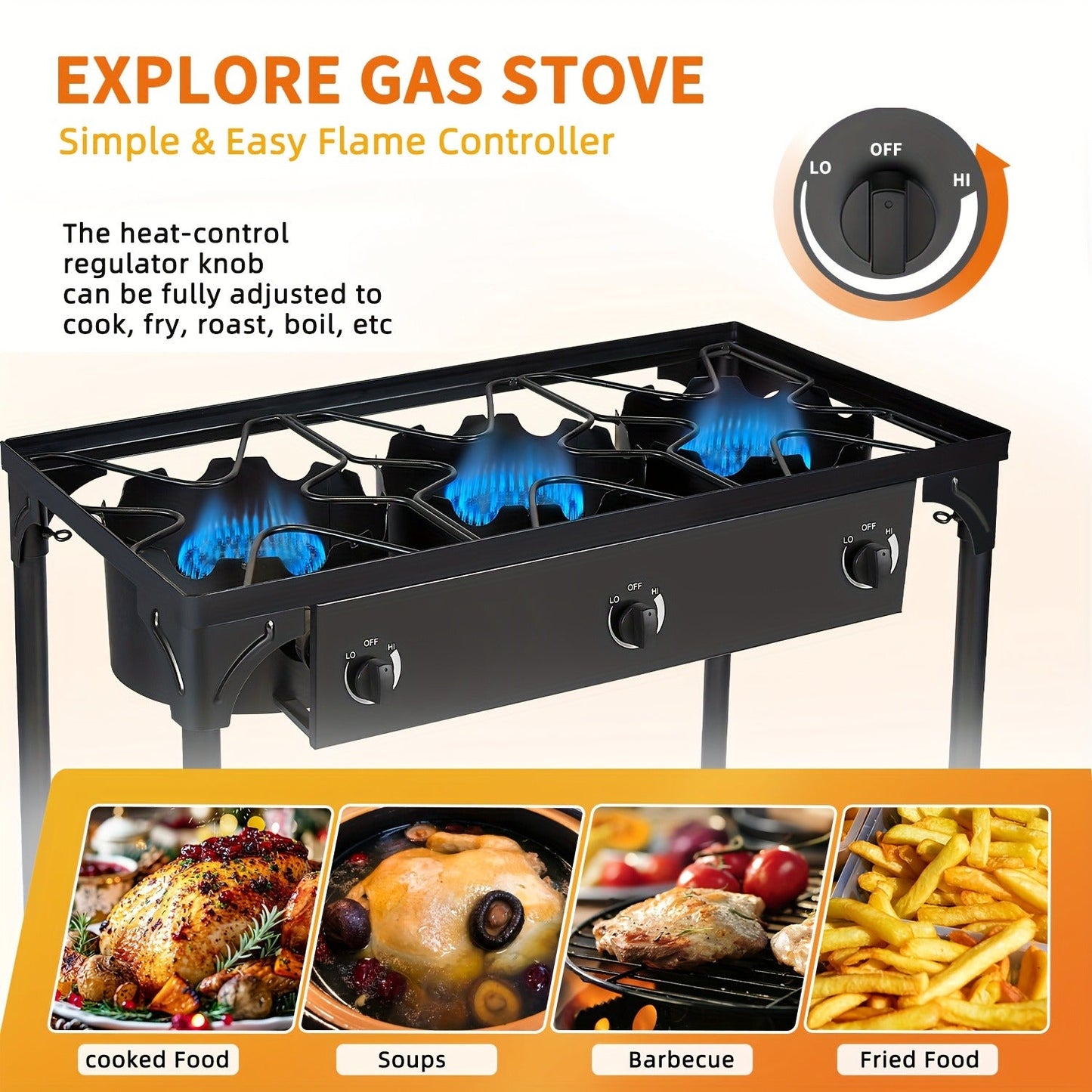 Outdoor Propane Burner Stand with One- or Three-Burner Layout, Removable Legs and 0–20 PSI Regulator Hose