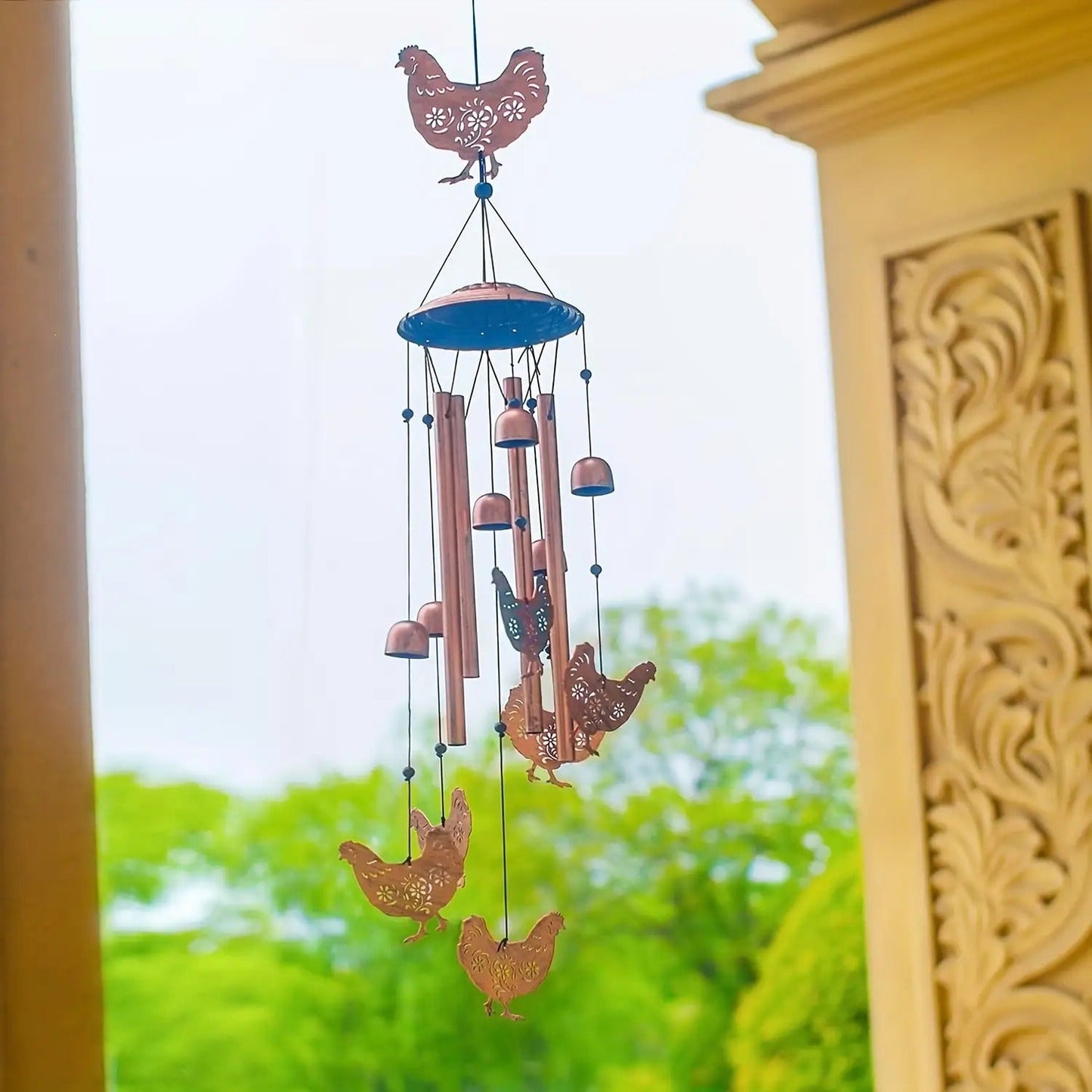 Chicken Wind Chime with Seven Pictured Chicken Shapes, Six Bells and Four Hanging Tubes for Porch or Garden Decor