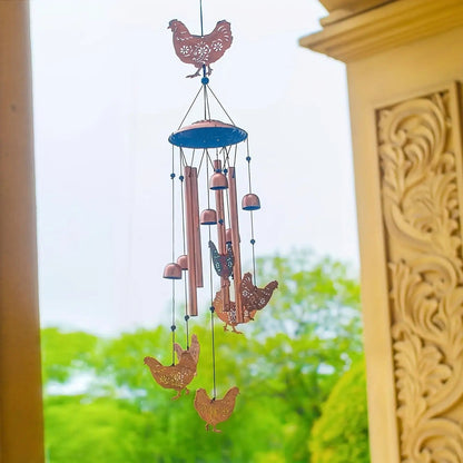 Chicken Wind Chime with Seven Pictured Chicken Shapes, Six Bells and Four Hanging Tubes for Porch or Garden Decor