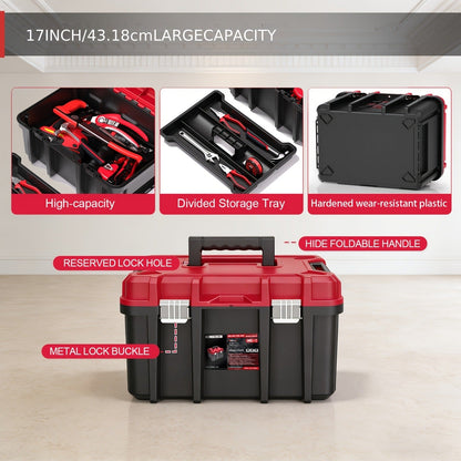 Rolling Tool Box with Wheels 3-Tier Stackable Organizer | Lockable Compartments, Connected Storage, 17" Large Plastic Toolbox for Garage, Home & Professional Work