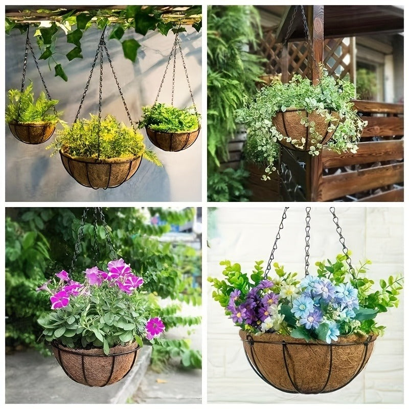 Three-Piece Hanging Flower Basket Set with 10-Inch Coco Liners, Metal Chains and S-Hooks for Porch or Balcony