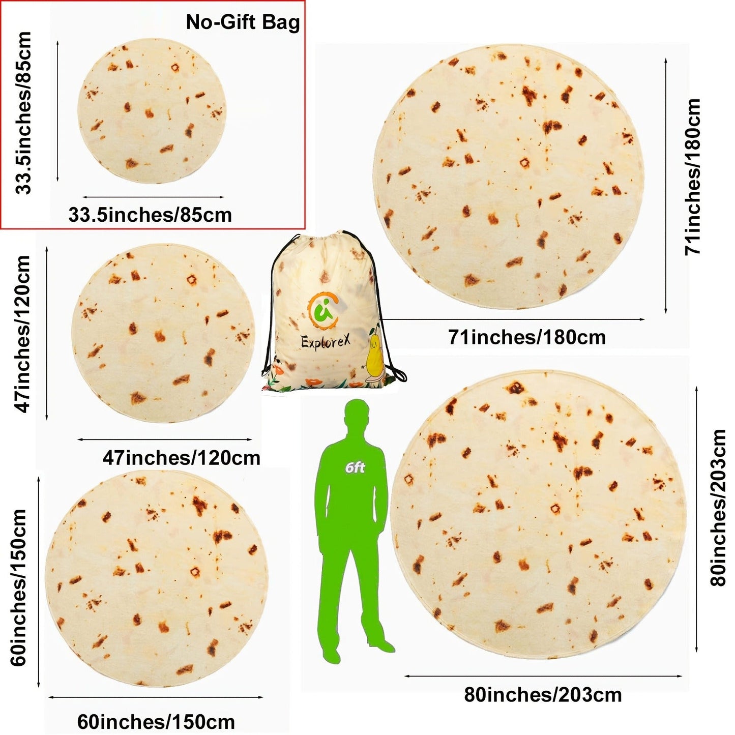 Round Tortilla Print Throw Blanket with Two-Sided Artwork and Five Diameter Options from 33.5 to 80 Inches