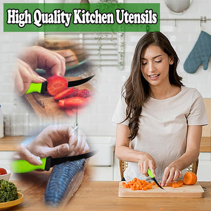 Three-Piece Stainless Steel Fishing Knife Set with 4.5 to 6.5 Inch Green-Handled Fillet Blades