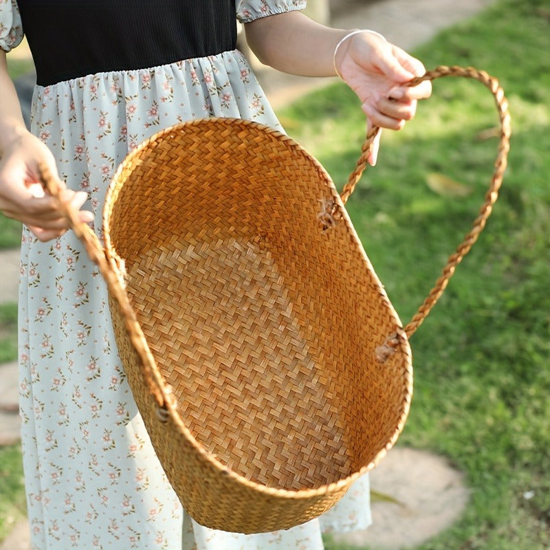 Straw Picnic Basket with Long Handles – Large Hand-Woven Vintage Shopping Basket for Beach, Outdoor Picnics & Rustic Home Decor Storage