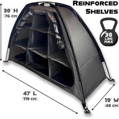Curved-Top Nine-Shelf Camping Organizer in Brown or Gray with Zippered Front Flap and Folded Carry Form