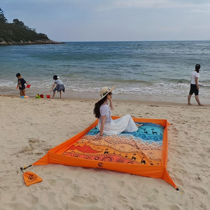Beach Blanket with Sand Walls Fence Sandproof Waterproof 55x86in with 4 Stakes & Carry Bag for Family Picnic Camping Park Travel – 6 Printed Styles
