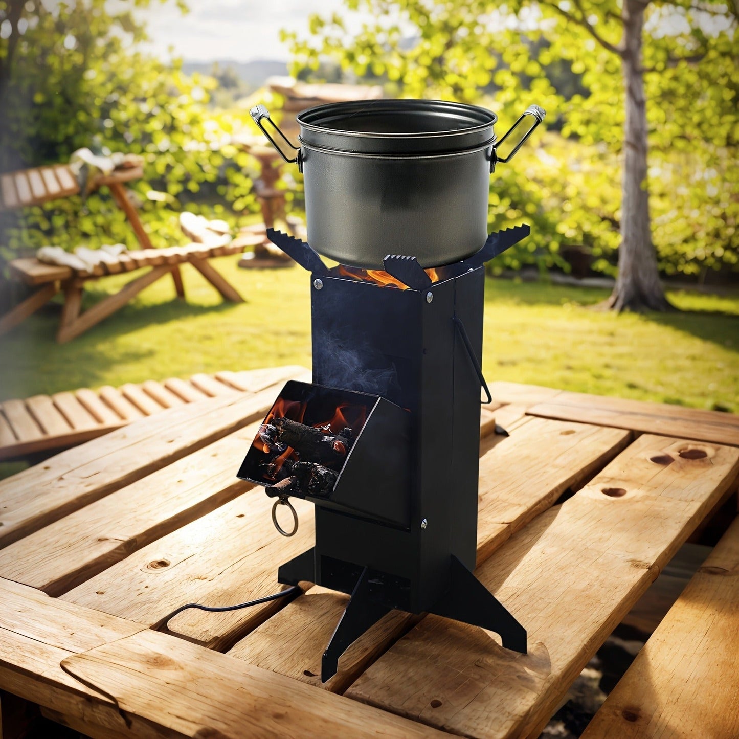 Black Rocket Stove with Detachable Side Feed Door, Four-Leg Base and Wood or Charcoal Fuel Configuration