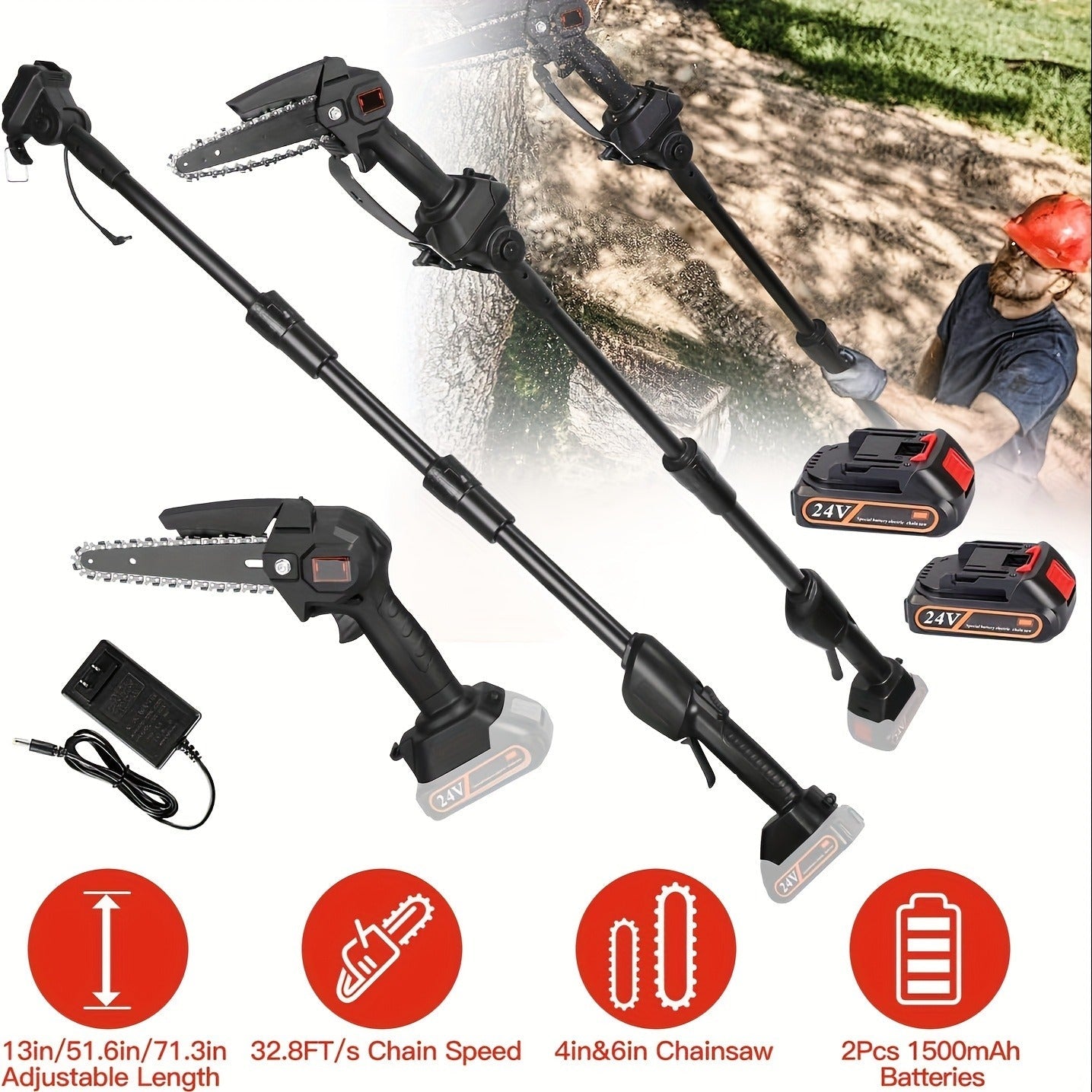Cordless 4- and 6-Inch Pole Saw with Three Extension Sections, 90° Head, Two Batteries and Two Colors