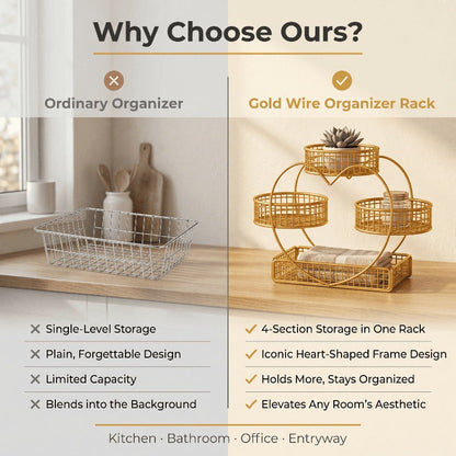 Wire Fruit Stand 3-Tier Golden Metal Basket | Large Capacity Kitchen Counter Organizer for Fruits Vegetables Bread Snacks Produce