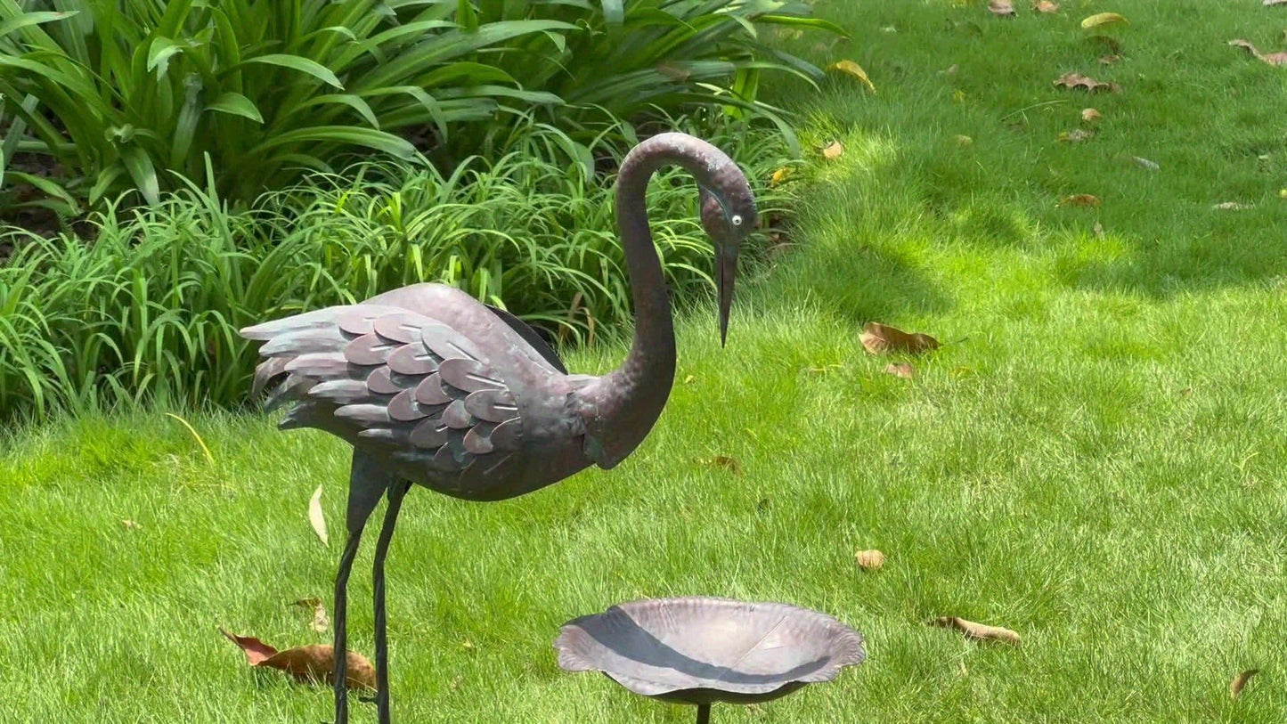 36-Inch Crane Sculpture Bird Bath Set with Separate 12.6-Inch Basin and Garden Stakes for Yard Decor
