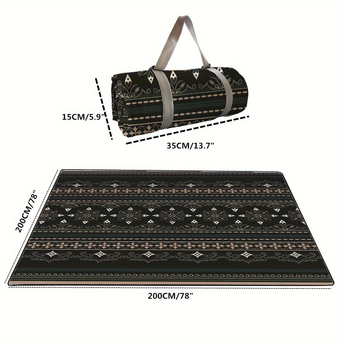 Foldable Picnic Mat with Black Geometric Print, Carry Straps and Displayed 78 x 78-Inch Square Size