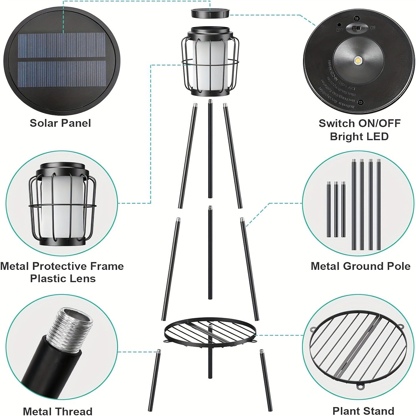 Solar Floor Lamp with Metal Plant Stand 36 Inch Outdoor Solar Light Flower Shelf for Patio Deck Yard Garden Outdoor Decor Gift Set of 2