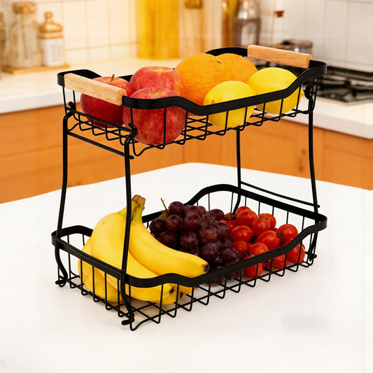 Tiered Fruit Basket Kitchen Organizer with Banana Hook, Removable 2 or 3 Metal Baskets and Wood Handle