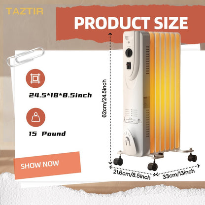1500W Oil-Filled Radiator Heater with 600W, 900W and 1500W Modes, Thermostat and Caster Wheels
