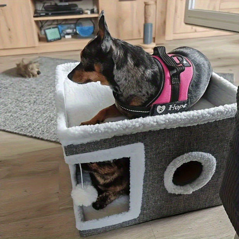 Foldable Gray Cat Condo with Top Platform, Scratch Panel, Openings and Four Cube-Style Options