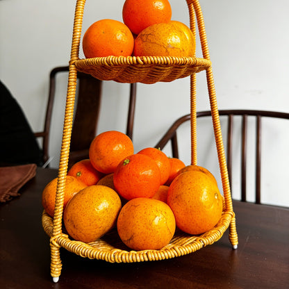 Tiered Serving Tray Rattan Style Round Multi-Layer Fruit Snack Display Stand for Parties Weddings Buffets Nuts Desserts Space-Saving Elegant