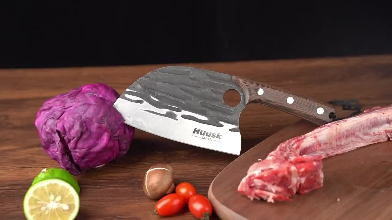 Serbian-Style Meat Cleaver with 6.5-Inch Blade, Wood Handle, Full-Tang Rivets and Leather Sheath