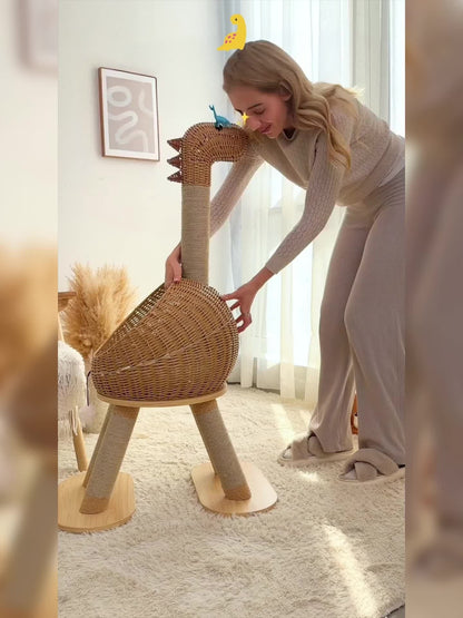 Brown 46-Inch Dinosaur Cat Tree with Woven Pod Bed, Four Sisal-Wrapped Posts and Removable Cushion
