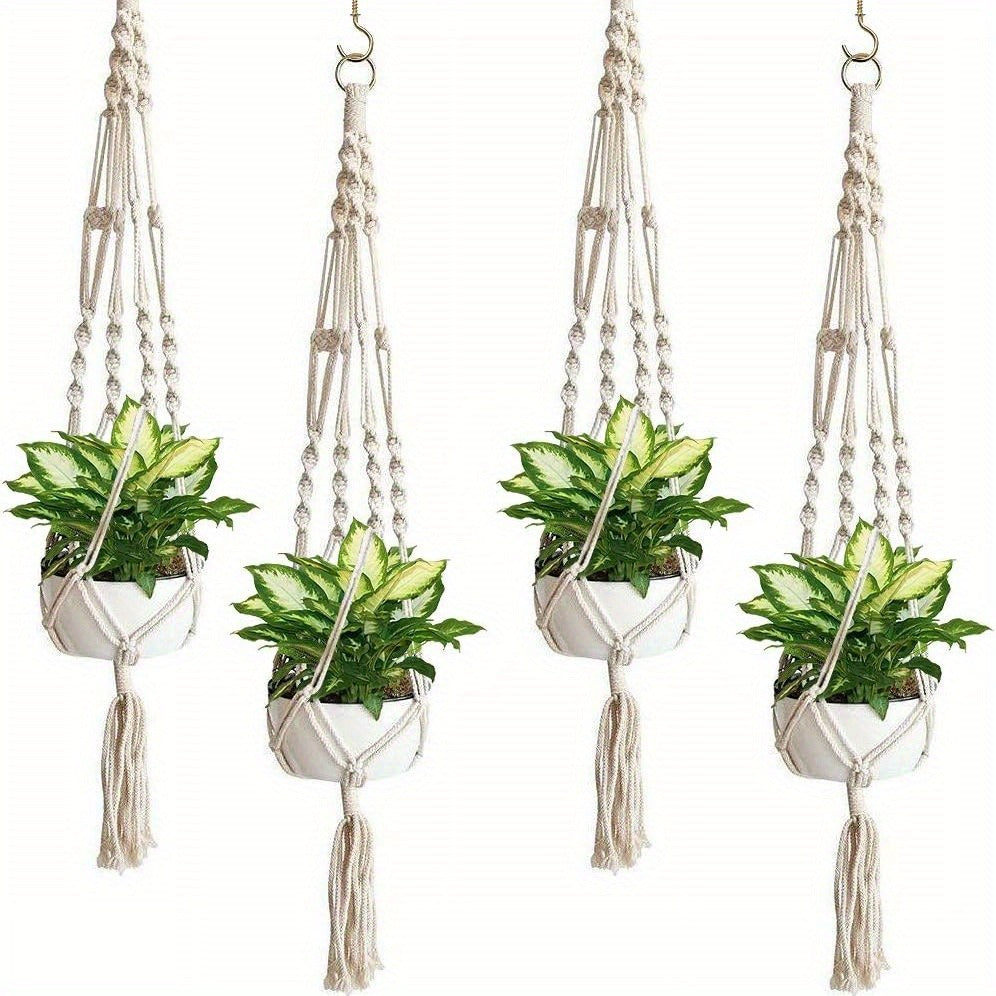 Four-Piece Macrame Plant Hanger Set in White, Black or Natural Rope with Woven Pot Holder Designs