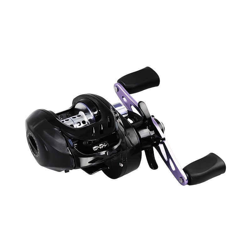 Black and Purple Baitcasting Fishing Reel with Left- or Right-Hand Retrieve and Dual-Paddle Handle