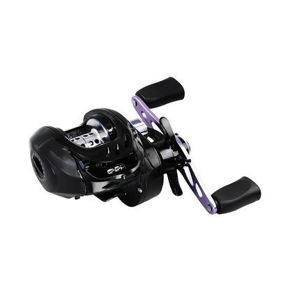 Black and Purple Baitcasting Fishing Reel with Left- or Right-Hand Retrieve and Dual-Paddle Handle