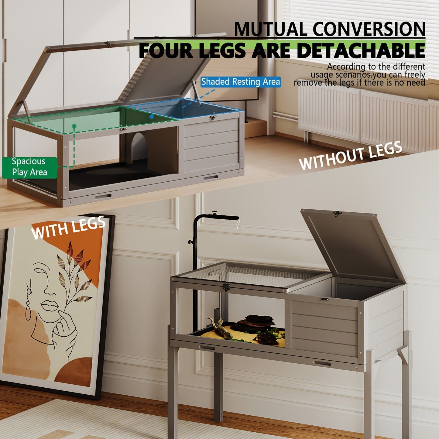Large Tortoise Habitat Turtle Cage Enclosure with Detachable Legs Removable Roof Ramp Lamp Holder Indoor Outdoor