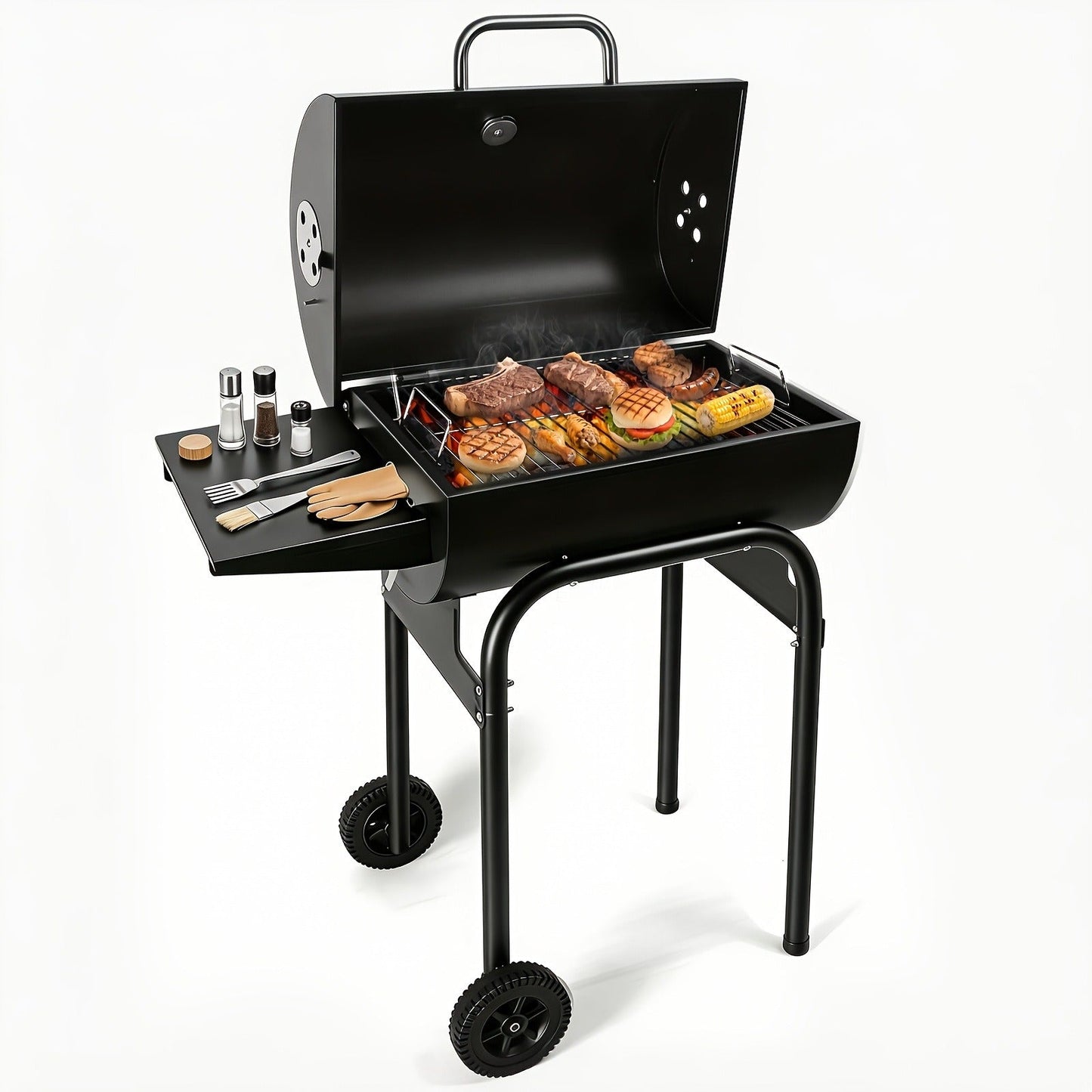 Charcoal Grill with Offset Smoker, Barrel BBQ Smoker Grill Combo for Backyard & Patio, Heavy-Duty Outdoor Charcoal Smoker with Side Firebox for Smoking, Grilling & BBQ Parties