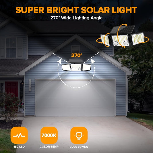 Solar Motion Sensor Light Outdoor – 3000LM 7000K 152 LED Flood Light with Dual Sensor, IP54 Waterproof, 270° Wide Angle & 3 Modes for Garden, Fence & Eaves (2 or 4 Pack)