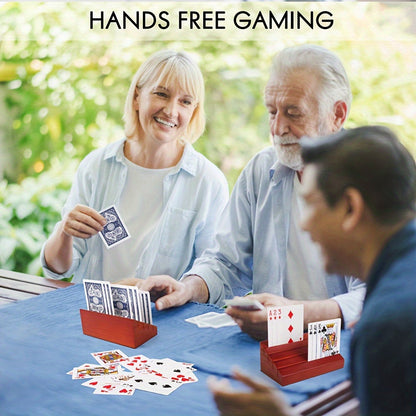 Two-Piece Wood-Look Playing Card Holder Set with Four Ascending Slots and Capacity for Up to 40 Cards Each