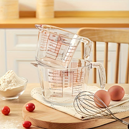 Clear Glass Measuring Cup Set with Pour Spouts, Handles, Red Graduations and One- or Three-Piece Options