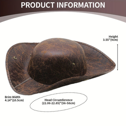 Distressed Faux Leather Pirate Tricorn Hat with Wide Three-Point Brim in Black or Brown for Adult Costumes