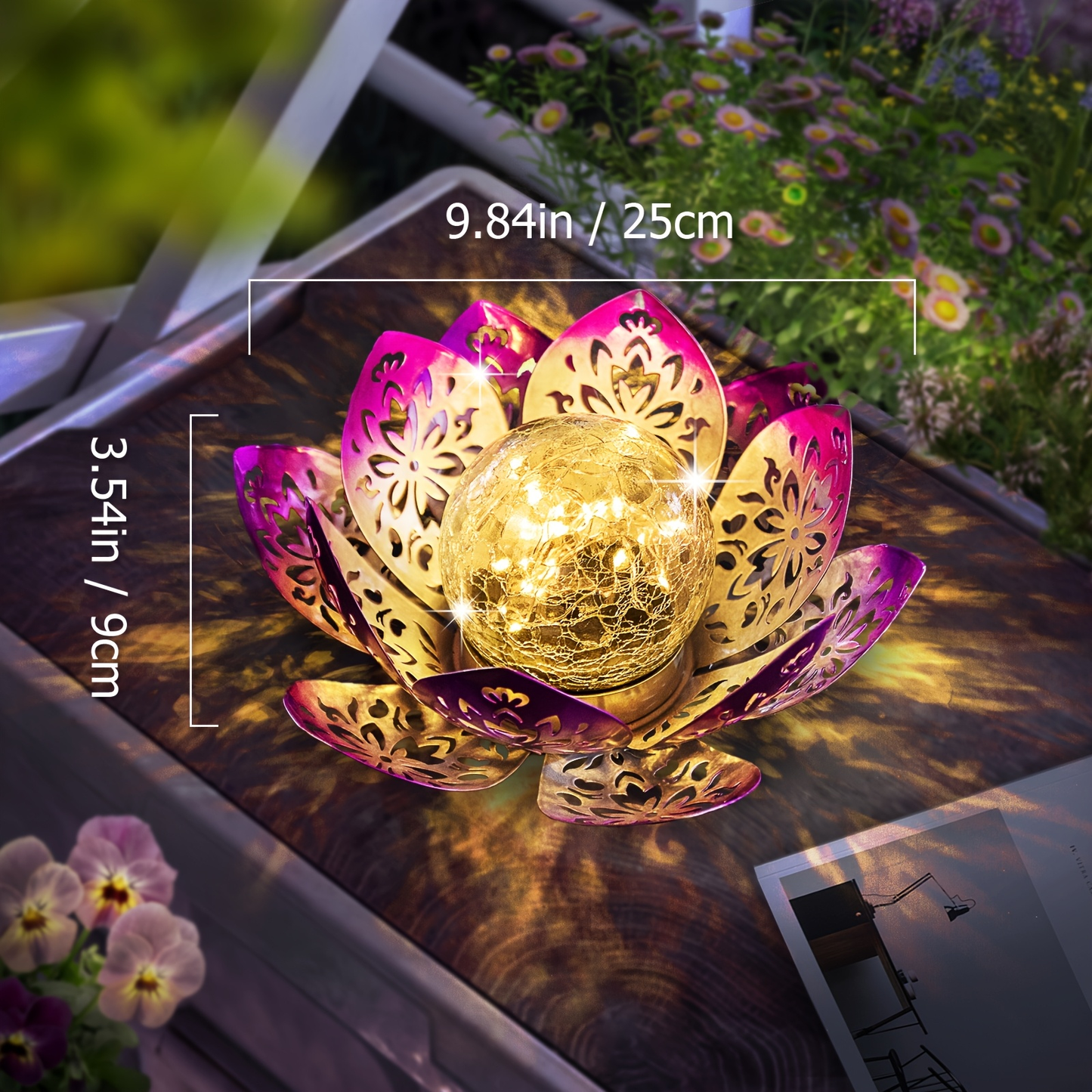 Solar Garden Light Lotus Flower with Cracked Glass Globe, IPX4 Rating and Three Color Options