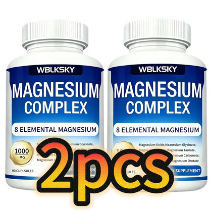 Magnesium Complex Supplement 8-in-1 with Glycinate Citrate Malate Orotate Taurate Aspartate Oxide Carbonate — 1000mg Per Capsule, 2 Bottles, Sleep Mood Muscle Energy Support for Women & Men