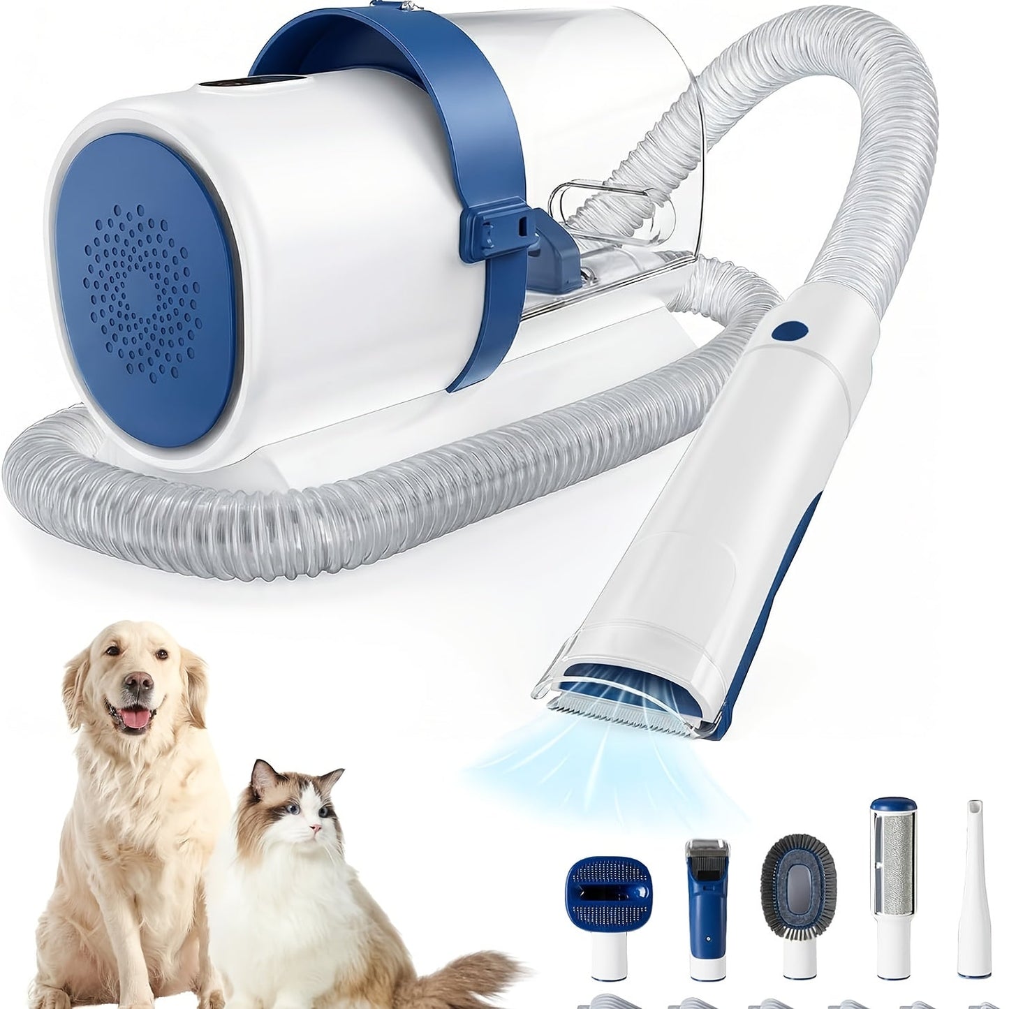 Pet Grooming Vacuum Kit, Five-in-One Suction System with Clippers, Six Guide Combs and Two Color Options